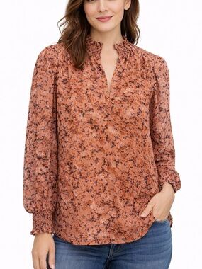 Antonio Melani Floral Blouse Smocked Neck Long Sleeve Sheer